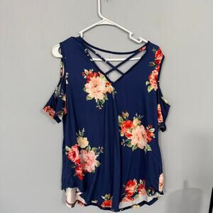 Unbranded Blue Cold Shoulder Top Women's Size Large Crisscross Neckline